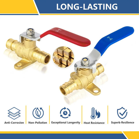 100 Pack Half Inch PEX A Expansion Ball Valve With Drop Ear Full Port Shut Off Built Tough Brass Plumbing Fixture For Red Hot And Blue Cold Water Lines Quick Connect Trade Setup, showing red and blue handles.