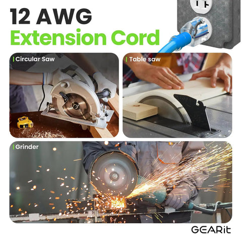 Tough As Nails Heavy Duty 100 Ft Outdoor Extension Cord 12/3 Gauge SJEOW 12 AWG 3 Prong Power Cable With Lighted End Waterproof For Tools Lawn Garden Blue