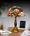 Tiffany Style Grape Rose Dope Stained Glass Table Lamp Handcrafted For Bedroom Living Room And Home Office Desk Decor With LED E26 Bulb Included 12x12x18 Inches on a desk