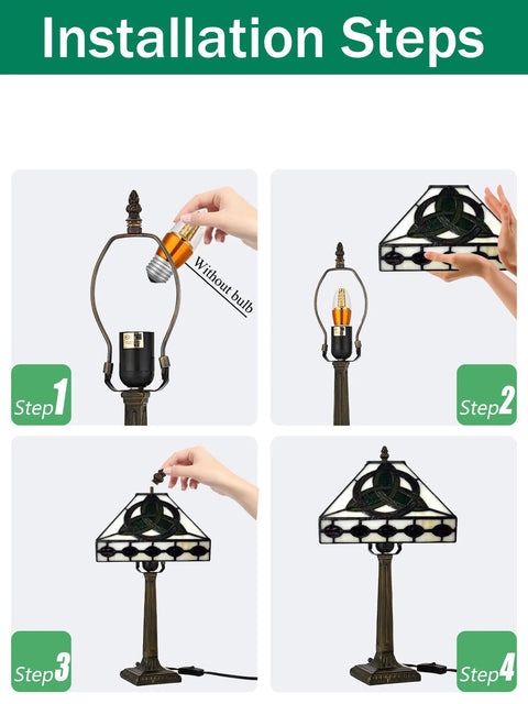 Installation steps for Irish Tiffany Style Table Lamp with Stained Glass Shade, Bronze Metal Base, E26 Bulb Holder, UL Listed