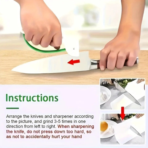 Portable Handheld Knife Sharpener With V Notch Edge Restorer for safe sharpening shown in use with kitchen knife