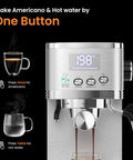 Adjustable Temperature Espresso Machine With Bright Led Display And Creamy Milk Frothing Wand, showing hot water and Americano options.