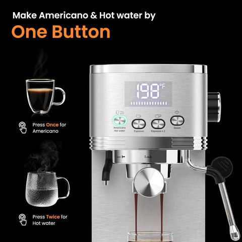 Adjustable Temperature Espresso Machine With Bright Led Display And Creamy Milk Frothing Wand, showing hot water and Americano options.
