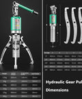 Hydraulic Wheel Bearing Puller Kit With Versatile 2/3 Jaw Gear Puller, product dimensions and specifications displayed