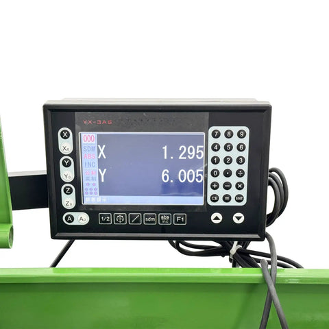 Digital display of Techtongda Mini Metal Lathe 8X16 inch Benchtop Turning Machine with metrics for precision projects.