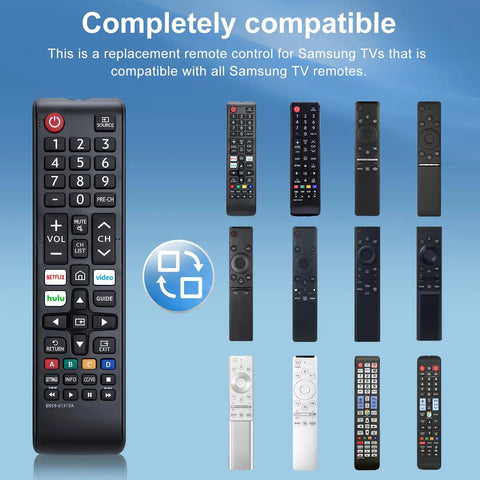Display of multiple remote controls for Samsung TVs, highlighting Two Pack Universal TV Remote Control For Most Smart TVs And LED LCD HDTVs 3D Series No Setup Needed Just Insert Batteries Great Backup Remote Replacement Works Right Out Of The Box
