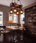 Industrial Vintage Wooden Pendant Light With Glass Lanterns, 4 Light Loft Chandelier in rustic dining area with brick walls