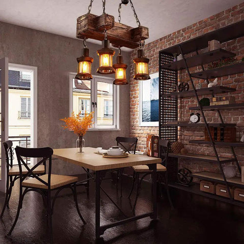 Industrial Vintage Wooden Pendant Light With Glass Lanterns, 4 Light Loft Chandelier in rustic dining area with brick walls