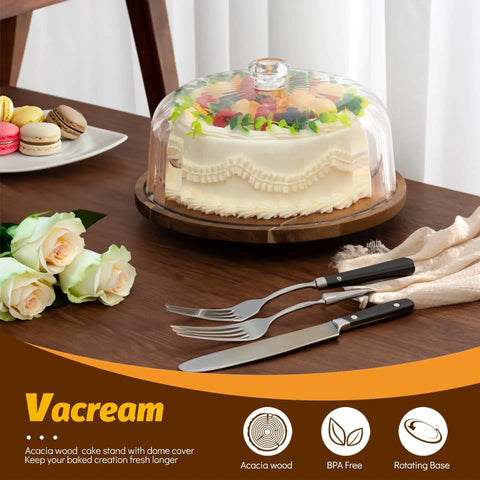 Heavy Duty Acacia Wood Cake Stand With Lid And Rotating Lazy Susan Tray, cake with transparent cover on wooden base.