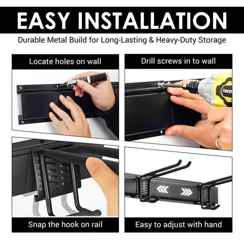 Installation process of 9 Piece Garage Slatwall Hook Kit with 6 Double Utility Hooks and 3 Mounting Plates shown step by step.