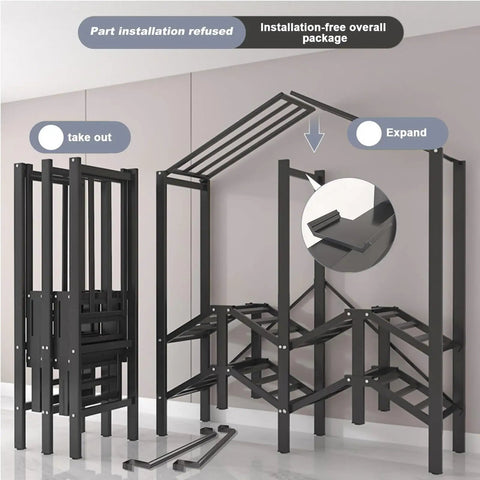 Kickass Heavy Duty Foldable Wardrobe Closet Rack With Sturdy Fabric Cover Freestanding Clothes Armoire System shown in expanded state.