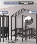 Top Shelf Heavy-Duty Foldable Clothes Wardrobe installation illustration, showing expand and take out features with black steel frame.