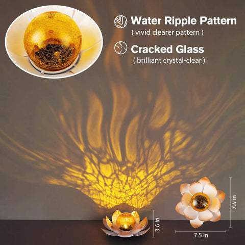 Outdoor Garden Solar Lights 2 Pack Amber Crackle Globe Lotus Decorations on tabletop, showing waterproof cracked glass and water ripple effect