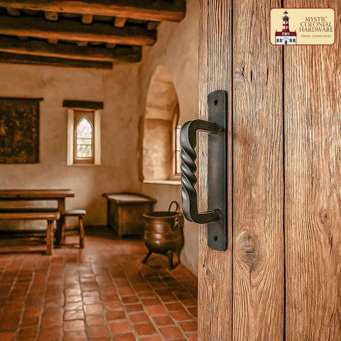 Premium Solid Heavy Duty Rustic Twisted Barn Door Handles In Black Wrought Iron six inch pull installed on a wooden door.