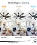 52 Inch Smart Ceiling Fan With Lights For Indoor Outdoor Use Remote Control Works With Alexa And Google Assistant Quiet Reversible DC Motor 6 Speed 8 Blade Black Ceiling Fan For Patio Bedroom Garage displayed in warm, natural, and cool white lighting in a living room setting.