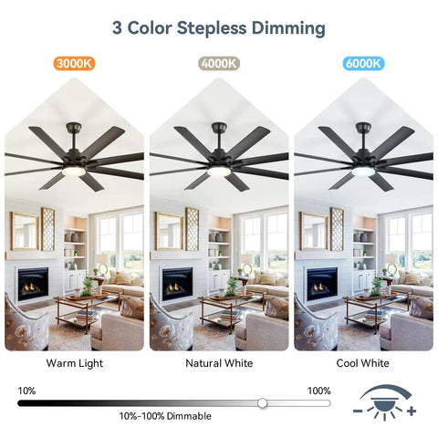 52 Inch Smart Ceiling Fan With Lights For Indoor Outdoor Use Remote Control Works With Alexa And Google Assistant Quiet Reversible DC Motor 6 Speed 8 Blade Black Ceiling Fan For Patio Bedroom Garage displayed in warm, natural, and cool white lighting in a living room setting.