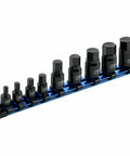 Nine Piece Metric Impact Hex Driver Set With Chrome Moly Steel And Manganese Phosphate Coating Includes One Quarter Inch Drive Sockets In 6mm 7mm 8mm 10mm And Three Eighth Inch Drive Sockets In 12mm 14mm 17mm 18mm 19mm Low Profile Design With Storage.