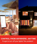 Person controlling Bright 1050 Lumen Smart RGB LED Bulbs with smartphone app from beach, home lit at night, no hub needed for Alexa, Google Assistant.