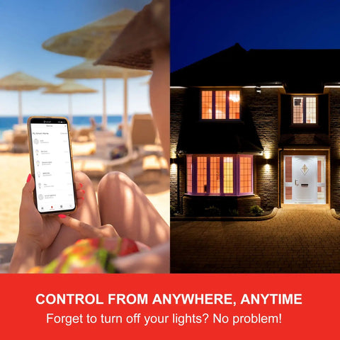 Person controlling Bright 1050 Lumen Smart RGB LED Bulbs with smartphone app from beach, home lit at night, no hub needed for Alexa, Google Assistant.