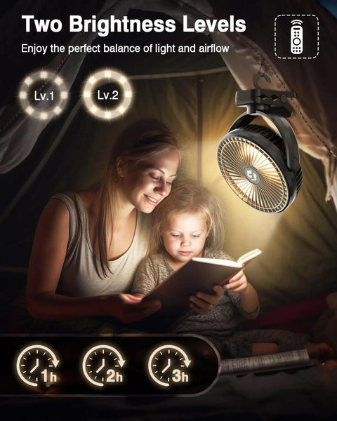 Woman and child reading under a 20000mAh 8 Inch Portable Clip On Fan With Lights Battery Powered USB Desk Personal Quiet Fan in a tent