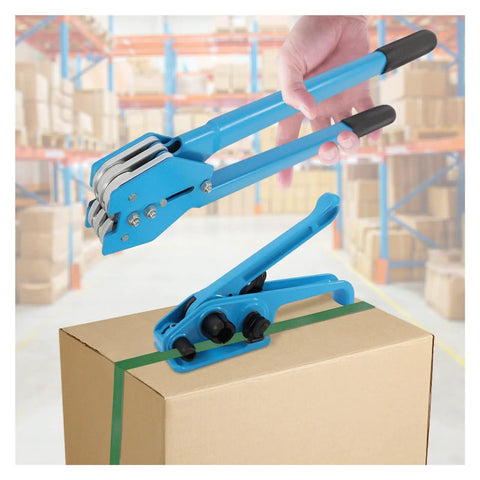 Heavy Duty Strapping Machine With 1000N Tension And 400Kg Break Strength, blue cast aluminum tool on a cardboard box.