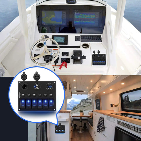 Six Gang Rocker Switch Panel With 12V Voltmeter And Dual USB Charger Cigarette Lighter Socket Six Circuit Breakers LED Meter Overload Protection Great For RV Truck Boat Two Year Warranty installed on boat and RV dashboards
