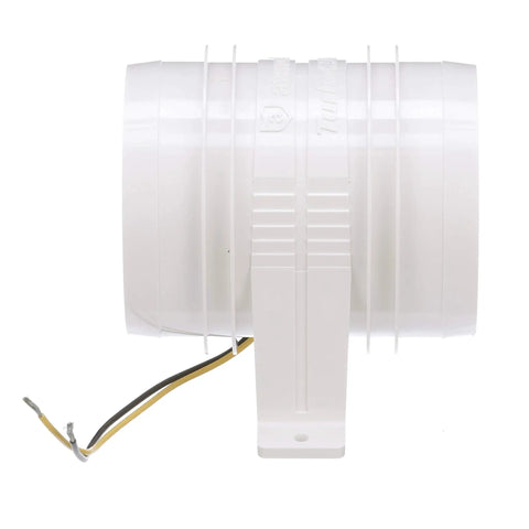 Turbo 4000 Series II In Line Blower For 4 Inch Vent Hose Water Resistant 12 Volt Marine Vent Fan with white casing and wires