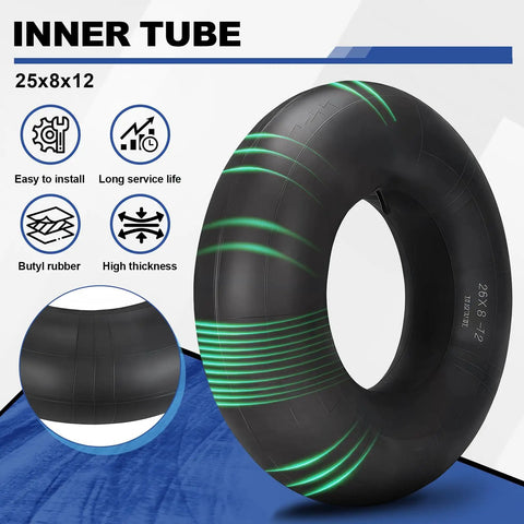 Two Pack 25x8x12 ATV UTV Inner Tubes Heavy Duty Butyl Rubber With TR6 Metal Valve Stem Fits 25x8-12 25x9-12 25x10-12 25x11-12 Tires