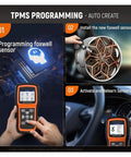 Pro Grade OBD2 Code Reader And Diag Tool With TPMS Learn Tool programming steps for sensor installation and activation.