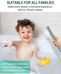 Top Tier Bluetooth Shower Head With 63 Custom Spray Modes And Precision Knob Controls Featuring Color Changing Led Lights And Rainfall Body Spray For A Straight Up Bathroom Glow Up In Matte Black, showing a child enjoying a bath with the shower head.