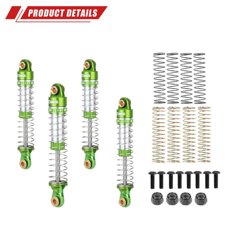 Lengthened Fifty Nine Millimeter Aluminum Oil Filled RC Shock Absorber Upgrade With Three Spring Options shown in green alloy