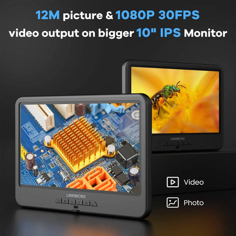 10.1 Inch LCD Digital Microscope For Coins And Soldering, 260X Magnification, Electronics Repair Camera, Coin Magnifier With Built In Lights, 12.6 Inch Adjustable Stand, 32GB Storage showing 10-inch IPS monitor and PCB