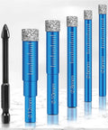 Front view of a six-piece diamond drill bit set with blue aluminum bodies and diamond-coated tips.