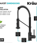 Dimensions of Bolden Commercial Style Two Function Pull Down Kitchen Faucet With Single Handle In Matte Black High Arc Open Coil Sprout For A Pro Grade Look About 18.75 Inches Tall With 8.625 Inch Spout Reach Model KPF-1610MB.