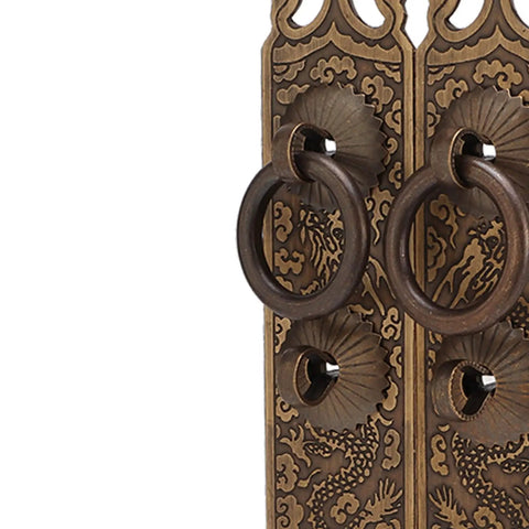 Close-up of Brass Cabinet Faceplate With Lucky Pattern And Vertical Straight Handle Dope Vintage Oriental Door Pull Plate in antique bronze