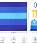 Blue Mega Waterproof And Sandproof 10 By 9 Ft Mat For 2 To 8 People Quick Dry Outdoor Picnic Sheet with stakes, carabiner, and bag.