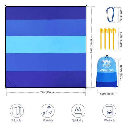 Blue Mega Waterproof And Sandproof 10 By 9 Ft Mat For 2 To 8 People Quick Dry Outdoor Picnic Sheet with stakes, carabiner, and bag.