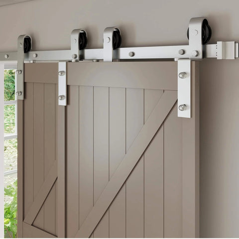 6.6Ft Brushed Nickel Barn Door Hardware Kit Built Tough for Single Track Sliding Doors, Heavy Duty Rail System for Double Doors, Carbon Steel Construction with Anti Rust Finish, Quiet Nylon Wheels, Smooth Rolling, Easy DIY Install