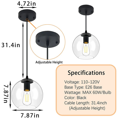 Industrial Farmhouse Globe Pendant Light Fixture With Adjustable Cord Black Hanging Ceiling Chandelier with specifications
