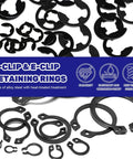 870 Pieces Alloy Steel External C Clip And E Clip Retaining Ring Kit Heavy Duty showing various black steel clips with text overlay.