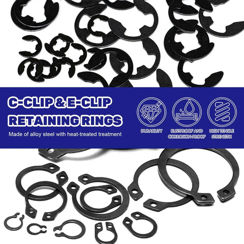 870 Pieces Alloy Steel External C Clip And E Clip Retaining Ring Kit Heavy Duty showing various black steel clips with text overlay.