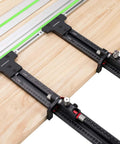 Angled top view of GOINGMAKE track saw parallel guide system with micro-adjust flip stops on two aluminum rails