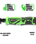 Compact 12V Li-ion Cordless Power Ratchet Wrench With Three Eighth Inch Drive, 35 Foot Pound Torque, black and green design