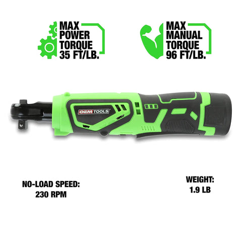 Compact 12V Li-ion Cordless Power Ratchet Wrench With Three Eighth Inch Drive, 35 Foot Pound Torque, black and green design