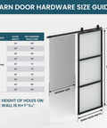 Barn door hardware size guide with diagram featuring 36 By 84 Inch Metal And Glass Sliding Barn Door With Hardware Kit Soft Close Included