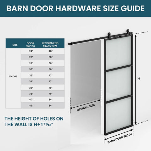 30 X 84 Inch Metal And Glass Sliding Barn Door With Installation Hardware Kit And Soft Close, size guide and hardware illustration.