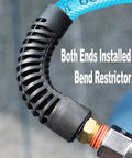 Close-up of reinforced polyurethane air hose with bend restrictor, showing 1/4 in swivel quick coupler, blue color.