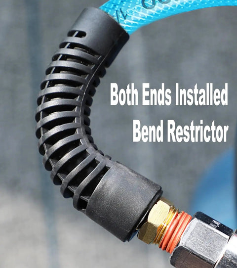 Heavy Duty Reinforced Polyurethane Air Hose For Compressors 3/8 Inch By 25 Feet Flexible Abrasion Resistant Material With 1/4 Inch Swivel Quick Coupler And Plug Kit Made For Indoor Finishing Or Woodwork Tasks Daily Work Any Job Site Or Home bend restrictor installed on blue hose end