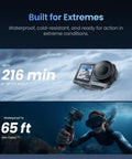 Knockout 4K Action Camera With Hella Solid Build And Smooth 120fps Shooting For All Your Adventure Sports And Vlogging Sessions Featuring Sick Image Stabilization And Marathon Battery Power Plus Smart Tracking displayed in snowy environment for extreme conditions.