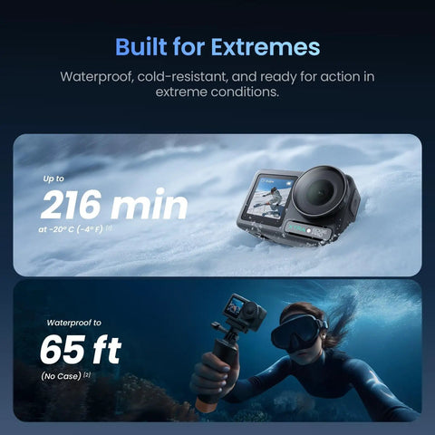 Knockout 4K Action Camera With Hella Solid Build And Smooth 120fps Shooting For All Your Adventure Sports And Vlogging Sessions Featuring Sick Image Stabilization And Marathon Battery Power Plus Smart Tracking displayed in snowy environment for extreme conditions.